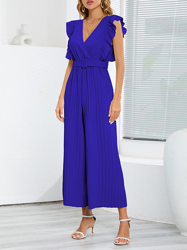 Combinaison ample plissée volantée taille haute, avec ceinture, à col en V, couleur unie