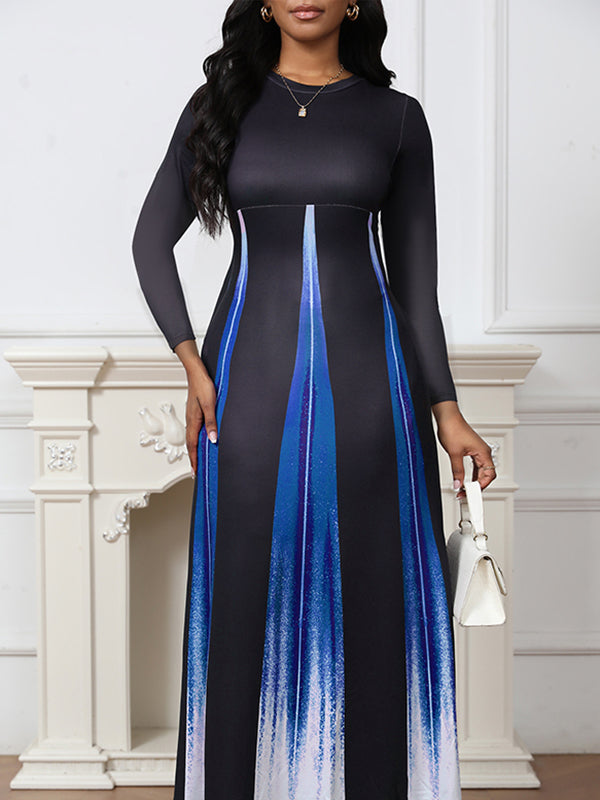Robe longue imprimée coupe trapèze, taille haute, en dégradé, à poches, à empiècements, à col rond