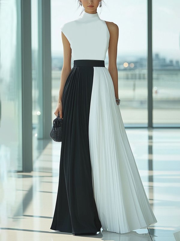 Robe longue ample plissée taille haute, à col cheminée, couleur contrastée
