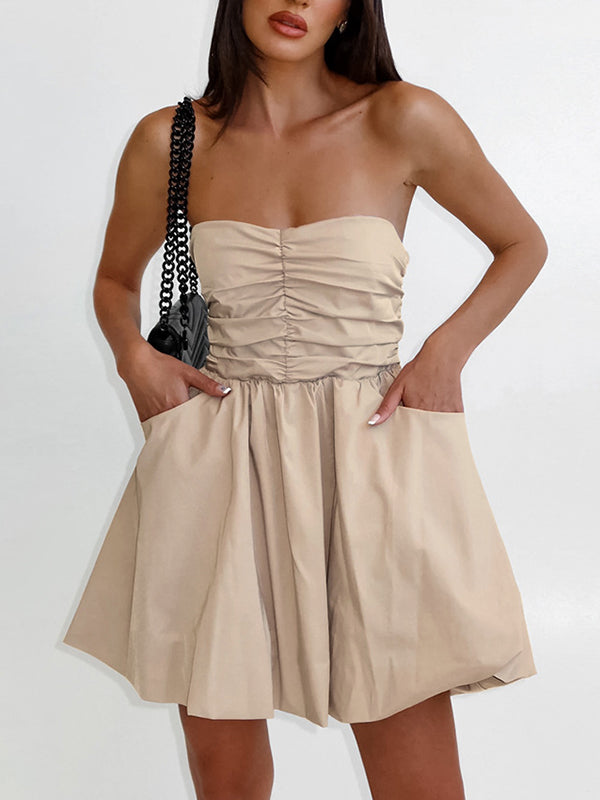 Robe courte plissée coupe trapèze, taille haute, à taille élastique, à poches, bustier, couleur unie