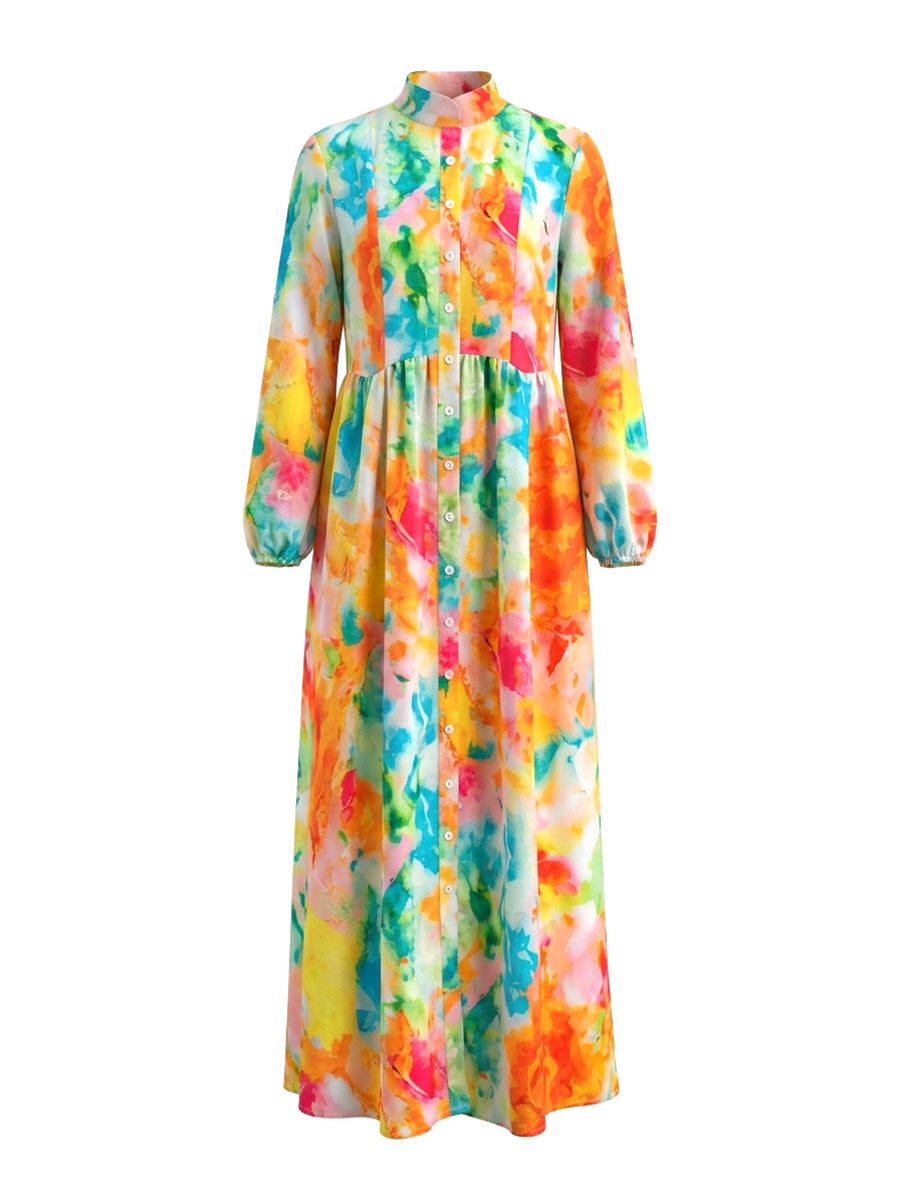 Robe chemise boutonnée plissée imprimée coupe trapèze, à manches longues, à poches, à col revers, couleur contrastée
