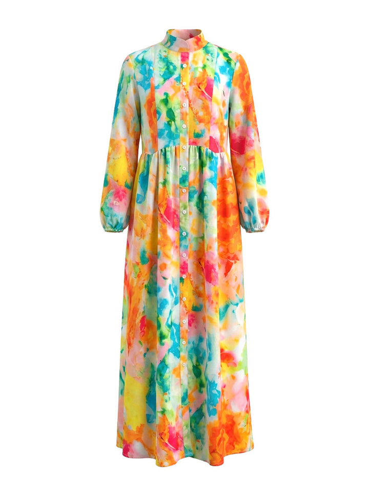 Robe chemise boutonnée plissée imprimée coupe trapèze, à manches longues, à poches, à col revers, couleur contrastée