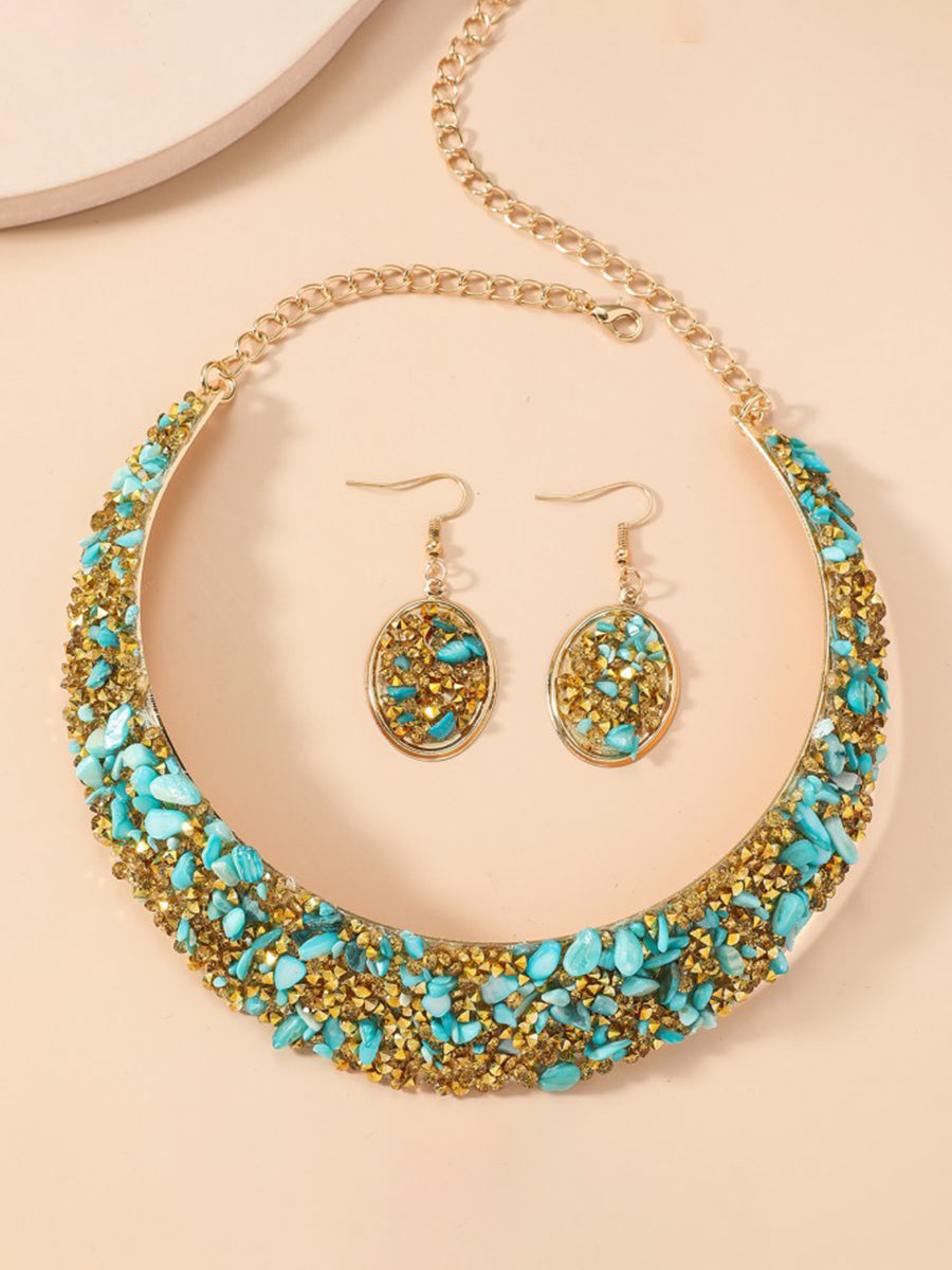 Parure collier et boucles d'oreilles géométrique brillante à coupe irrégulière, à strass