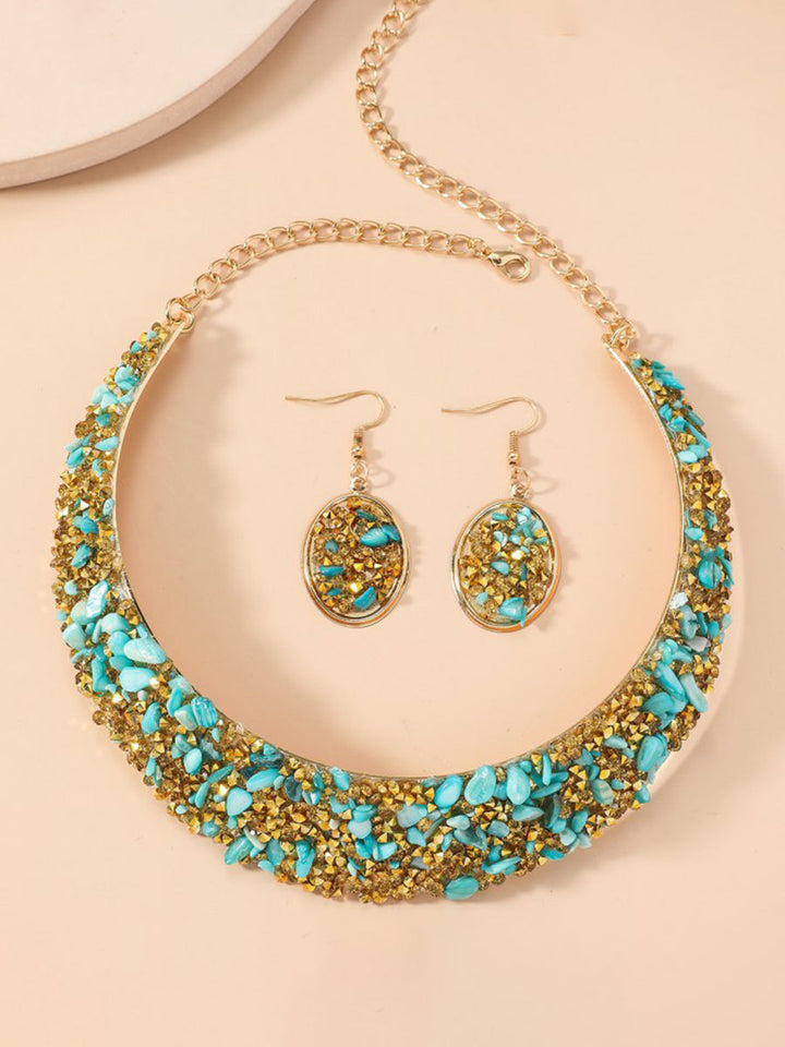 Parure collier et boucles d'oreilles géométrique brillante à coupe irrégulière, à strass