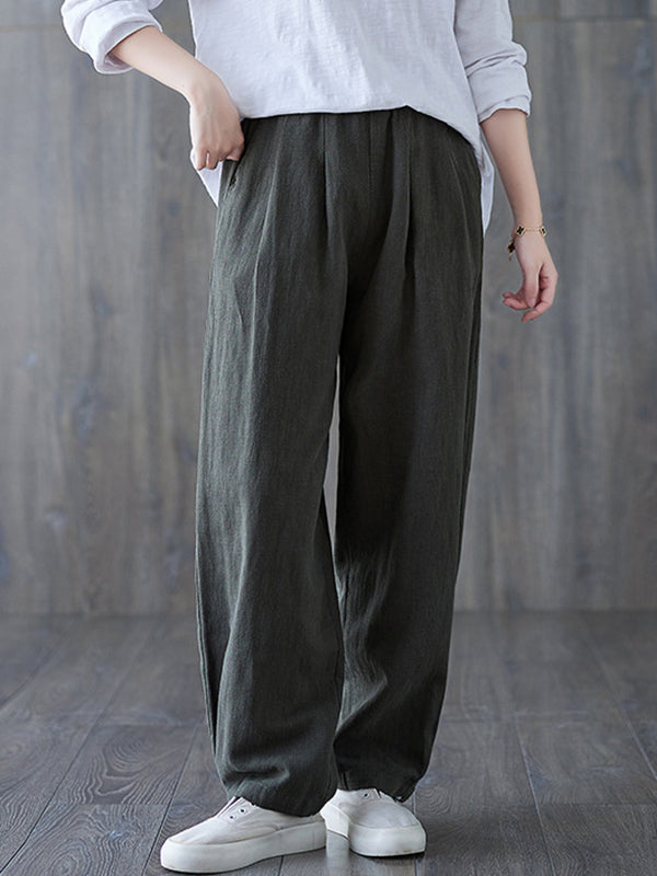 Pantalon simple ample décontracté à jambes larges, à taille élastique, couleur unie