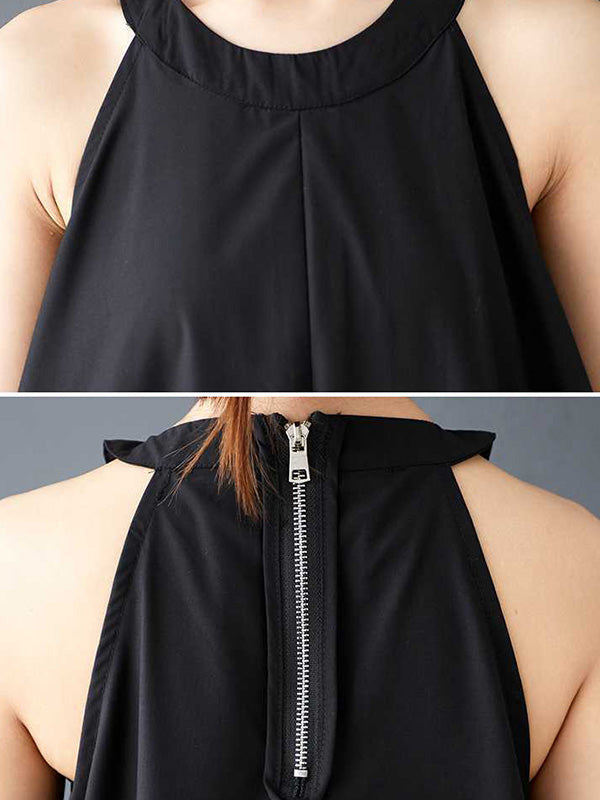 Robe mi-longue ample plissée coupe trapèze, à cordon de serrage, à poches, à fermeture éclair, à fines bretelles, couleur unie