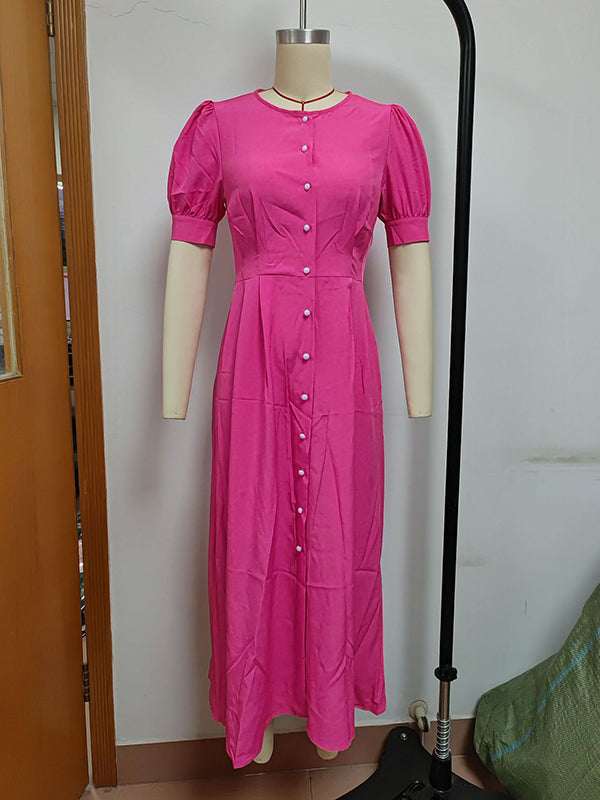 Robe chemise boutonnée à manches bouffantes, à manches courtes, à col rond, couleur unie