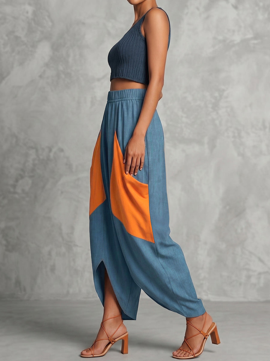 Pantalon ample taille haute, à taille élastique, à poches, à empiècements, couleur contrastée