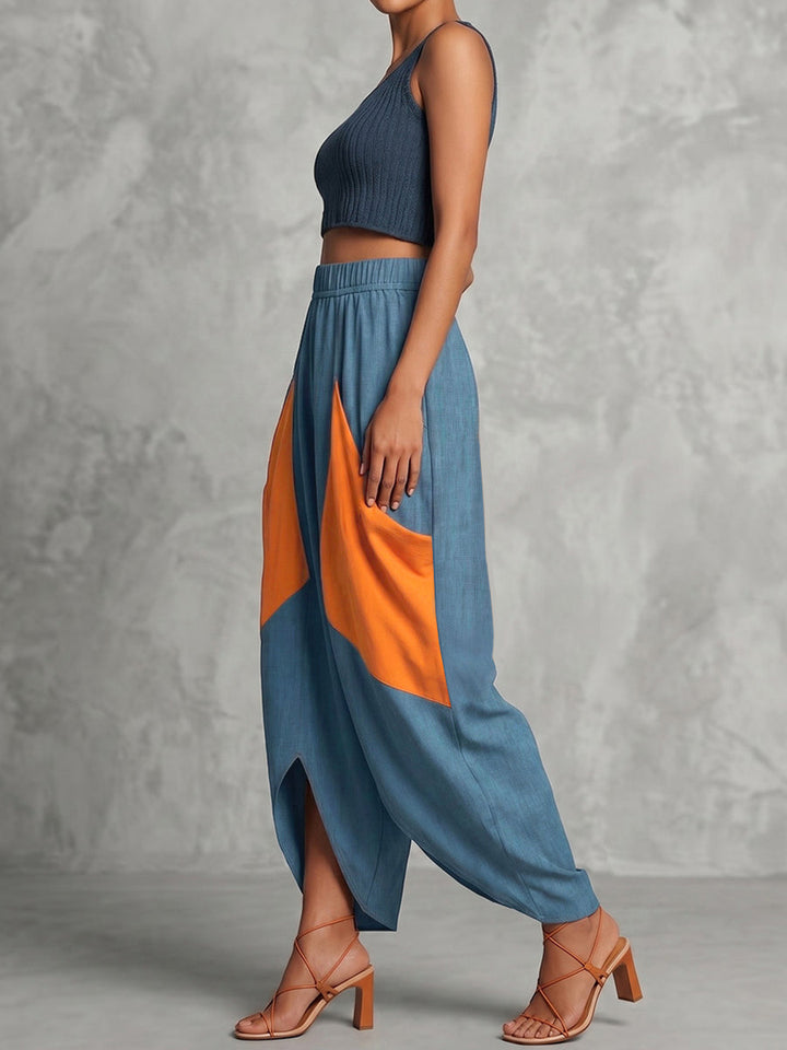 Pantalon ample taille haute, à taille élastique, à poches, à empiècements, couleur contrastée