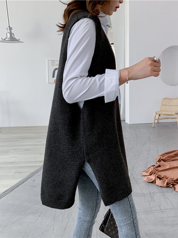 Gilet tricoté sans manches à la mode, fendu sur le côté, couleur unie, col en V