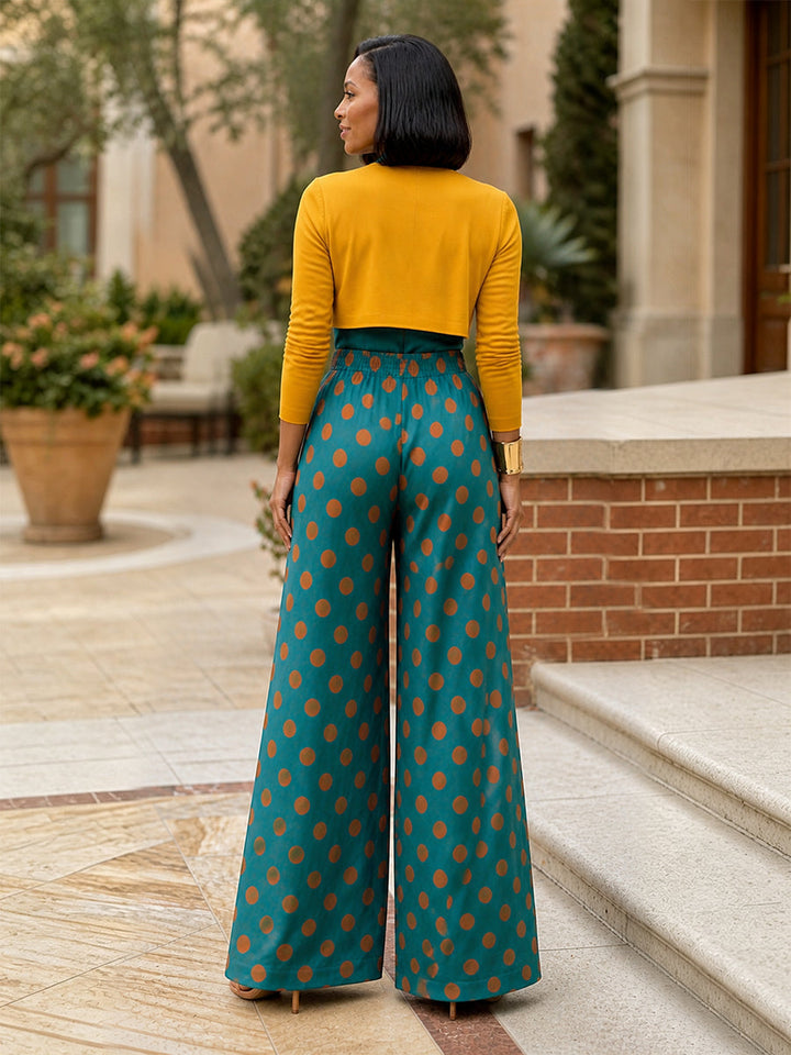 Pantalon plissé à pois, à poches, sans ceinture, à taille élastique, à jambes larges, taille haute, couleur contrastée