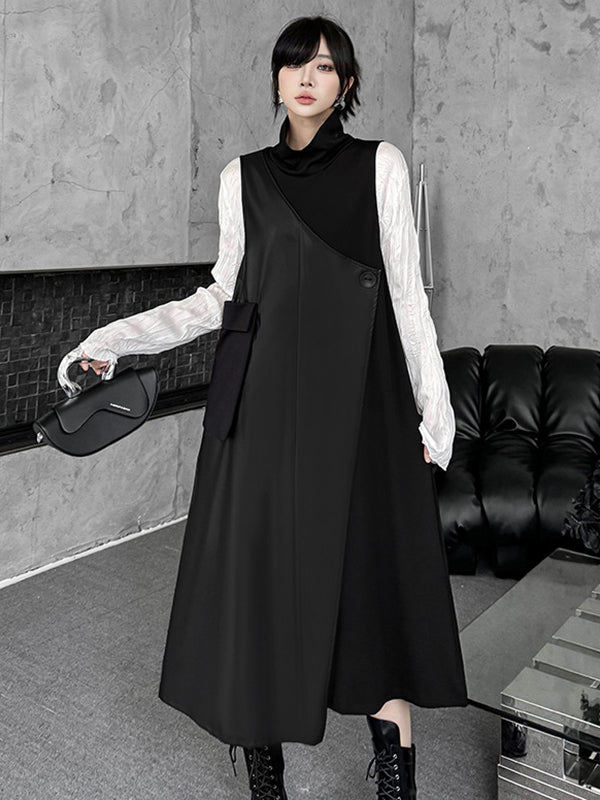 Robe mi-longue ample asymétrique boutonnée à coupe irrégulière, à empiècements, à col haut, couleur unie
