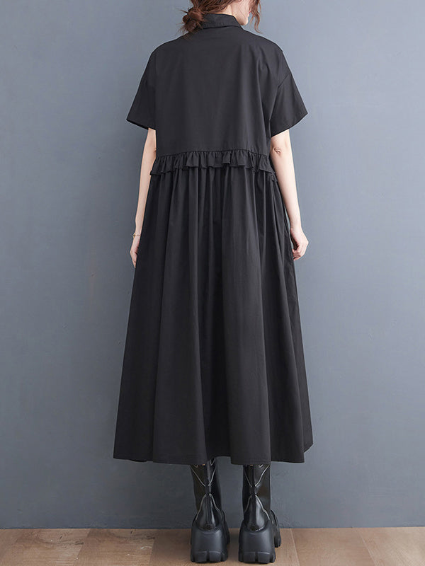 Robe chemise mi-longue de couleur unie, simple, manches courtes, ample, boutonnée, Volants, à empiècements