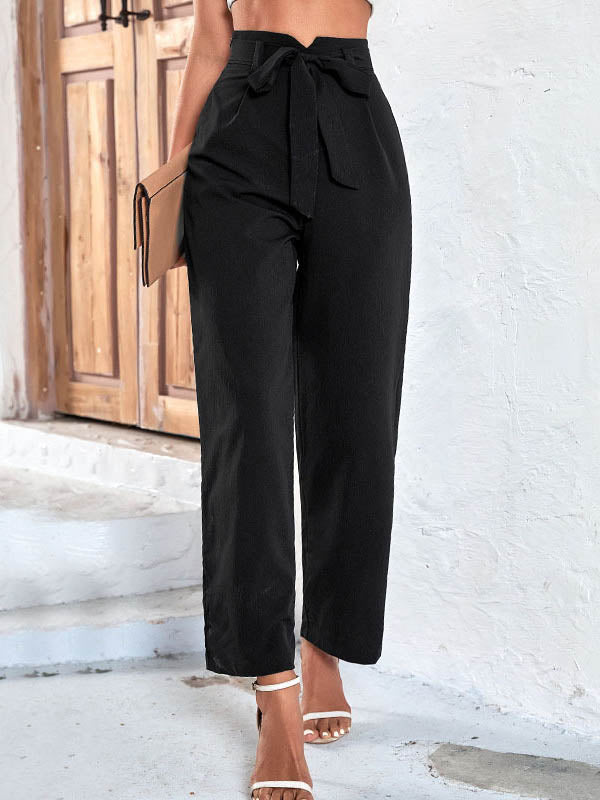 Pantalon côtelé décontracté taille haute, à jambes larges, couleur unie