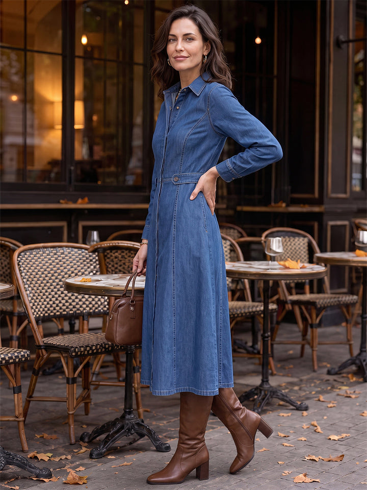 Robe mi-longue boutonnée à empiècements, à poches, à manches longues, taille haute, à col revers, couleur unie