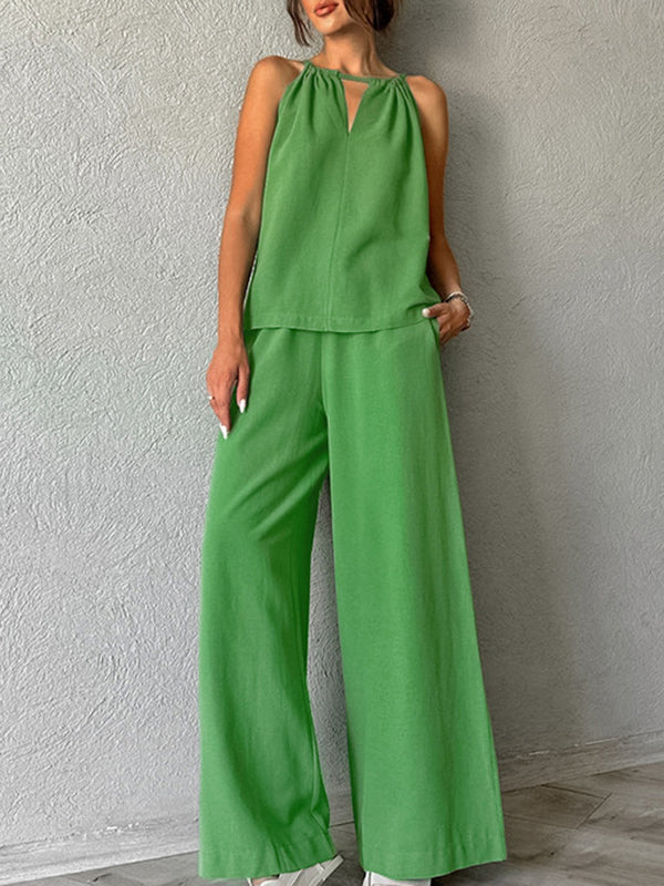 Gilet ample à col licou et pantalon taille haute élastique, ensemble deux pièces