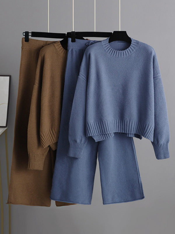 Ensemble deux pièces élégant ample à ourlet plongeant, à manches longues, à col rond, à jambes larges, couleur unie – pull + pantalon