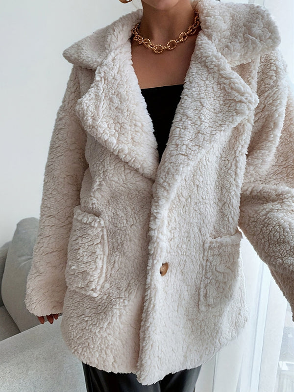 Veste ample boutonnée à manches longues, à poches, en velours, à col cranté, couleur unie