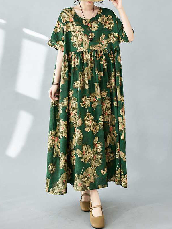 Robe mi-longue ample plissée à manches mi-longues, à imprimé floral, à poches, à col rond