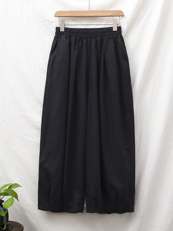 Knickerbockers à jambes larges et amples en lin, couleur unie, cordon de serrage plissé
