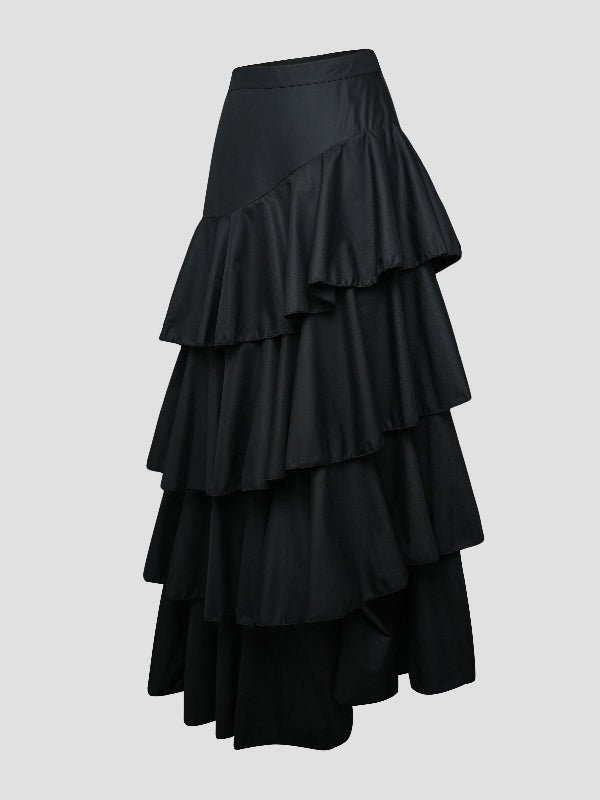 Jupe longue coupe trapèze, taille haute, à falbalas, couleur unie