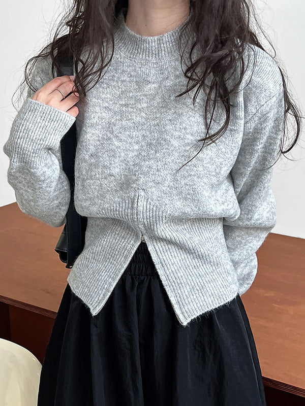 Pull ample à manches longues, à fermeture éclair, à col cheminée, couleur unie