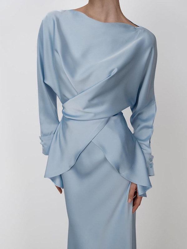 Ensemble deux pièces ample à empiècements, à col bateau, à manches longues, couleur unie – chemisier + chemise + jupe