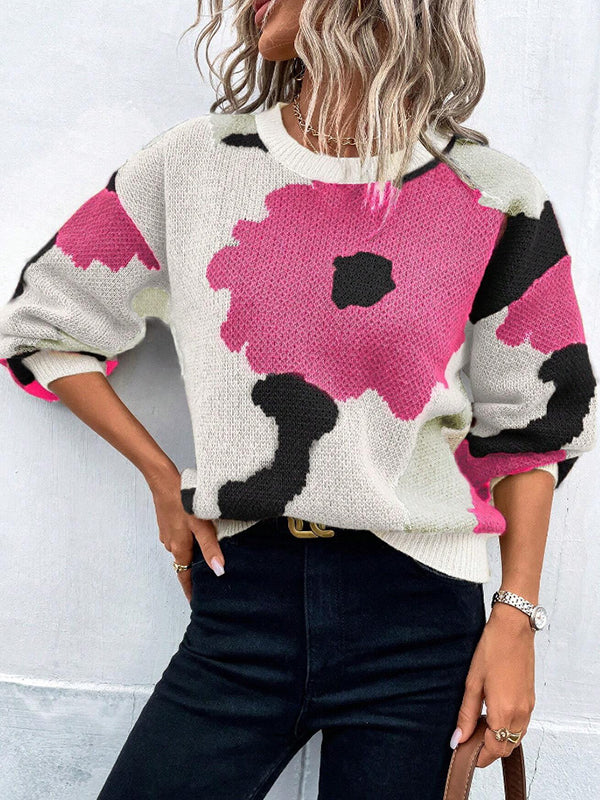 Pull ample asymétrique à manches bouffantes, à fleurs en tricot, à empiècements, à col rond