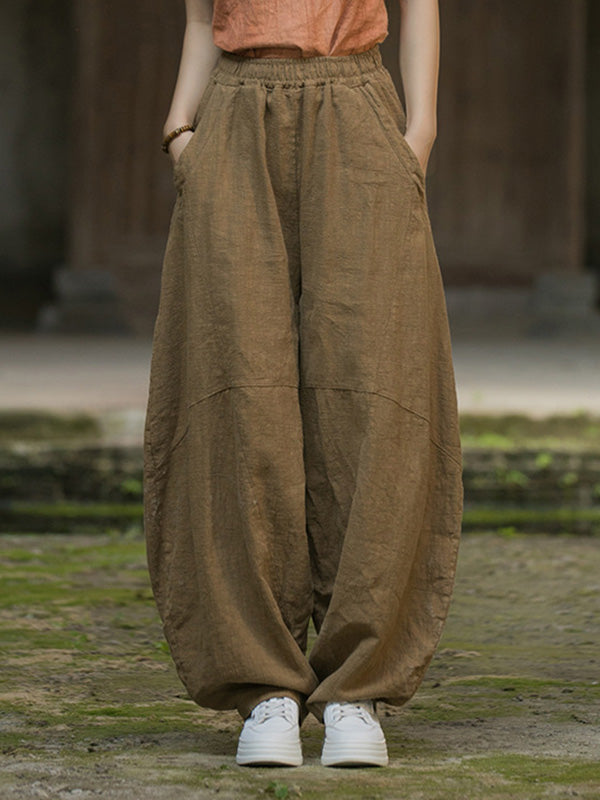 Pantalon ample à taille élastique, à poches, à empiècements, couleur unie