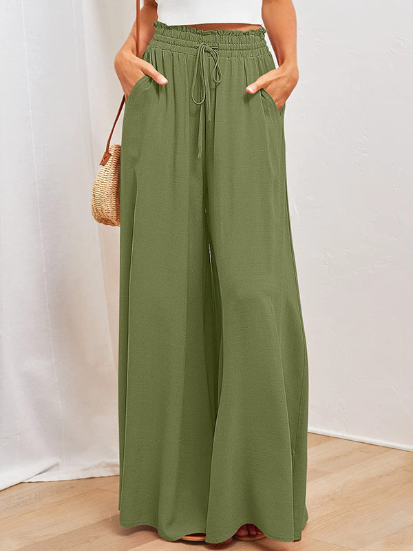 Pantalon ample plissé taille haute, à cordon de serrage, à taille élastique, à poches, couleur unie