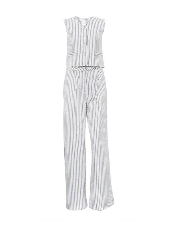 Ensemble deux pièces ample boutonné rayé sans manches, à col en V – débardeur + bas