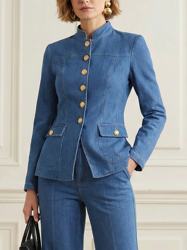 Veste boutonnée à manches longues, à poches, à col montant, couleur unie