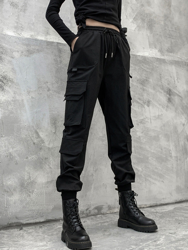 Pantalon salopette décontracté noir empire punk avec cordon de serrage élégant