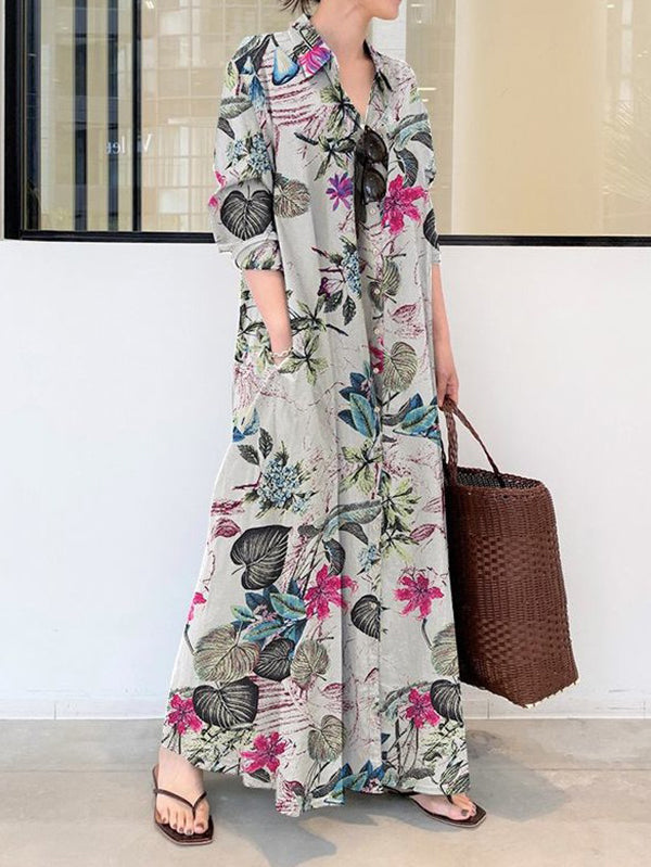 Robe chemise ample imprimée grande taille, à empiècements, à col revers