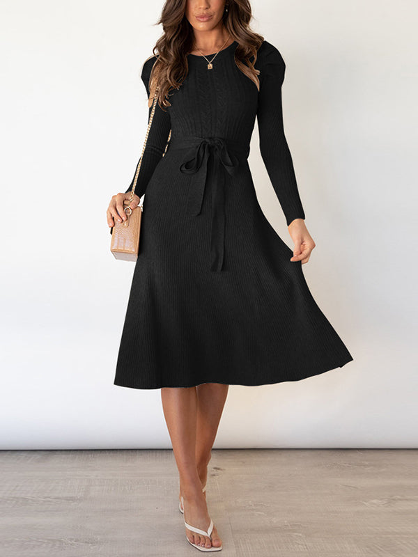 Robe pull taille haute, à manches longues, à taille nouée, à col rond, couleur unie