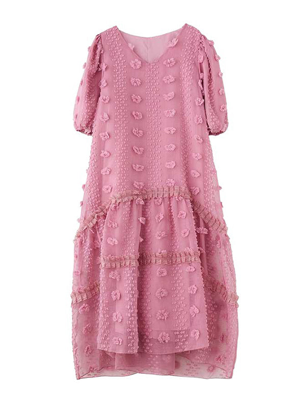 Robe mi-longue coupe trapèze, à manches mi-longues, à taille élastique, en jacquard, à empiècements, à col en V, couleur unie