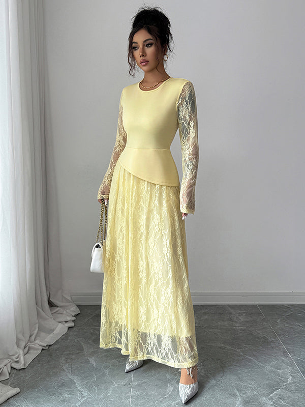 Robe longue asymétrique superposée transparente coupe trapèze, à coupe irrégulière, à imprimé floral, à empiècements, à col rond, couleur unie
