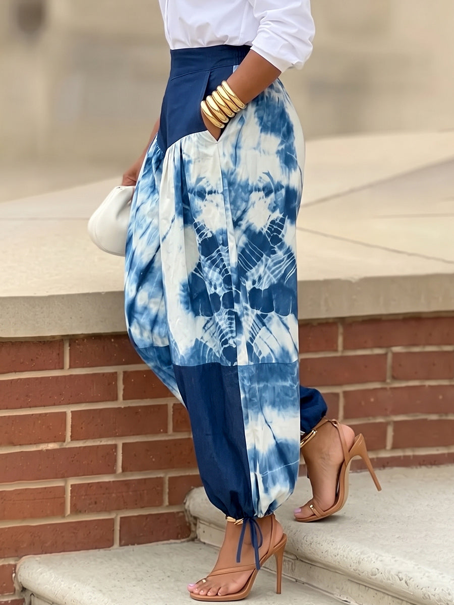 Pantalon resserré aux chevilles imprimé à empiècements, taille haute, couleur contrastée