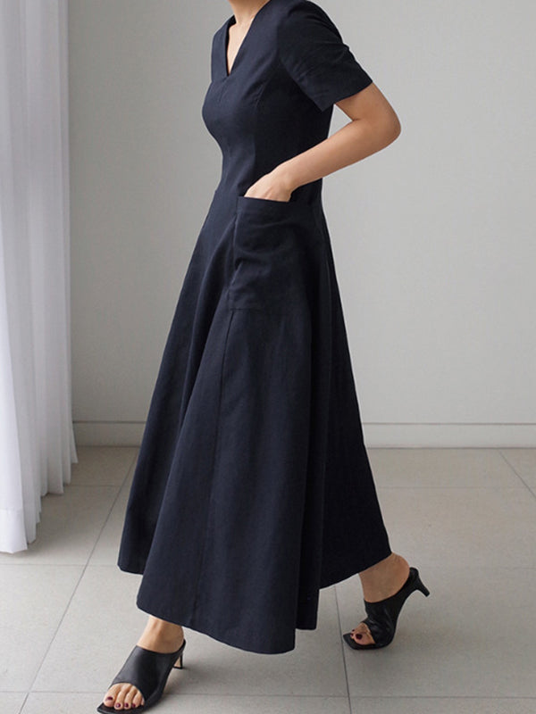 Robe mi-longue simple décontractée plissée couleur unie
