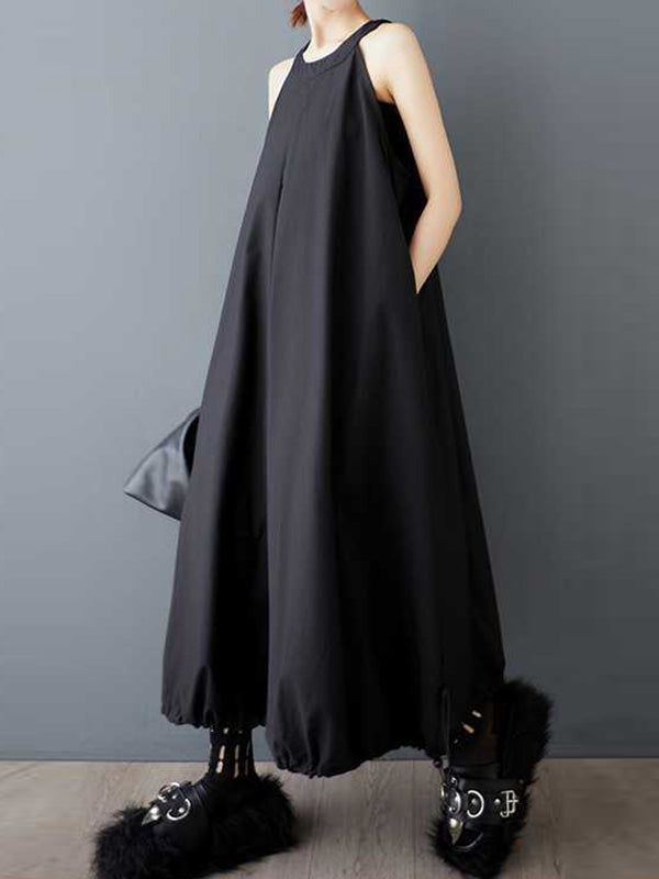 Robe mi-longue ample plissée coupe trapèze, à cordon de serrage, à poches, à fermeture éclair, à fines bretelles, couleur unie