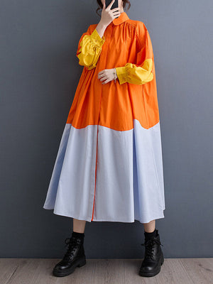 Robe chemise ample plissée à manches bouffantes, à empiècements, à col revers, couleur contrastée