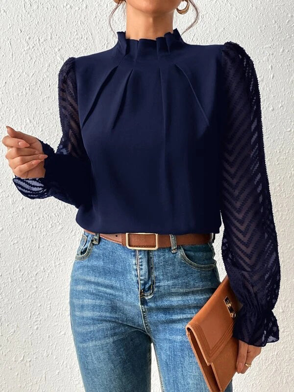 Chemisier ample plissé à manches longues, à taille élastique, en résille, à col cheminée, couleur unie