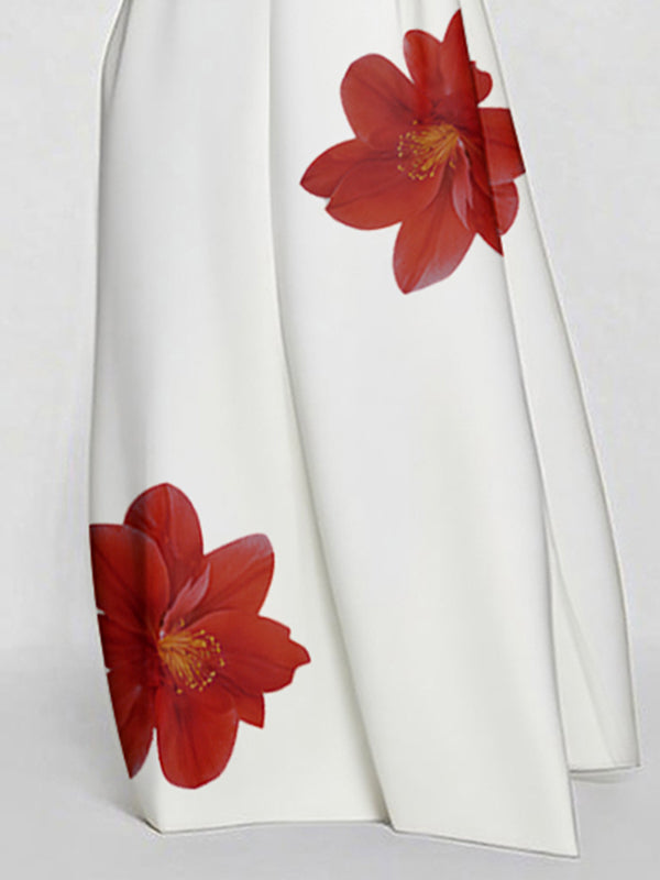 Robe longue asymétrique coupe trapèze, sans manches, à imprimé floral, à empiècements, à col rond
