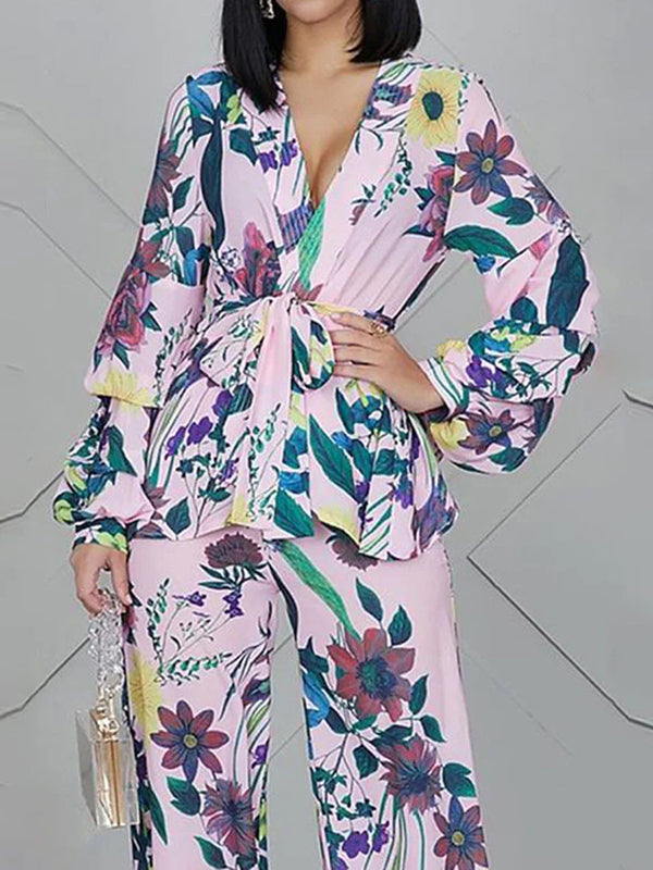 Ensemble deux pièces taille haute, à manches longues, à imprimé floral, à taille nouée, à col en V – chemise + haut + pantalon