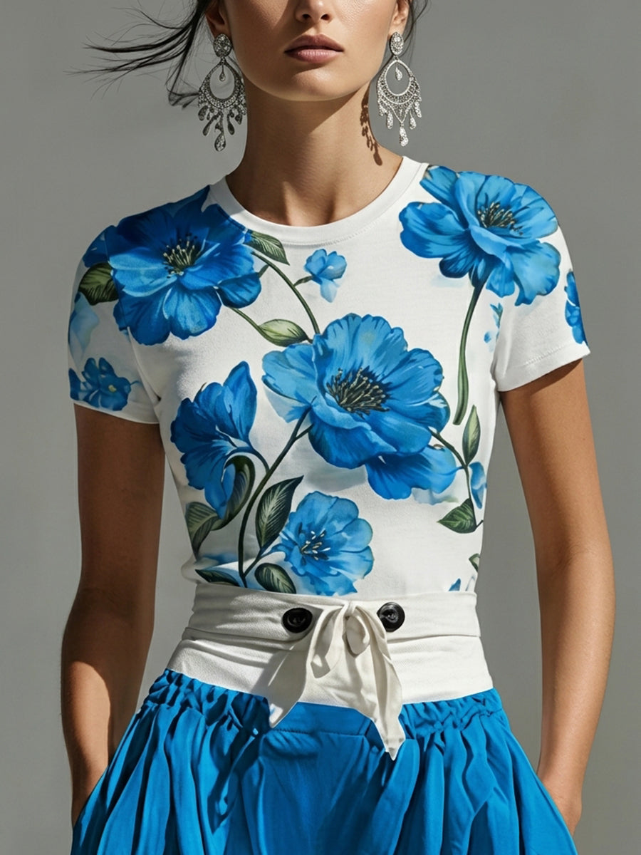 T-shirt à manches courtes, coupe près du corps, à imprimé floral, à col rond, couleur contrastée