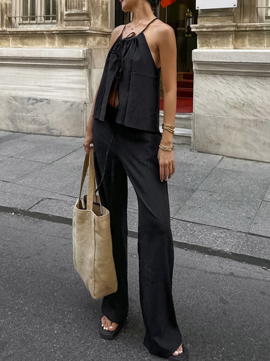 Ensemble deux pièces court plissé à col licou, à empiècements, taille haute, à taille élastique, à taille nouée, couleur unie – débardeur + pantalon