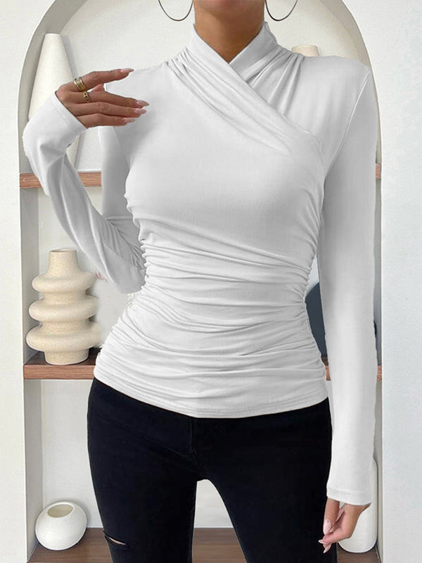 T-shirt plissé à manches longues, coupe près du corps, à col cheminée, couleur unie