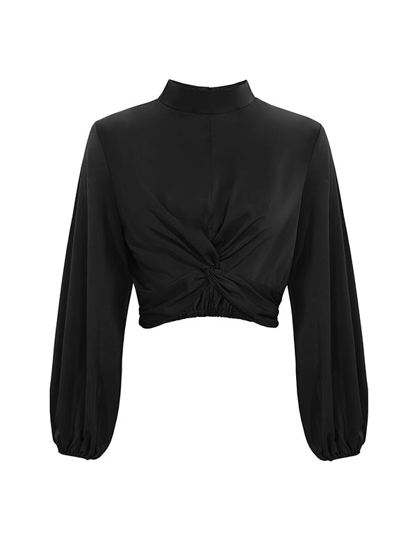 Chemisier ajouré plissé volanté à manches longues, à manches bouffantes, à taille élastique, à nœud, à col cheminée