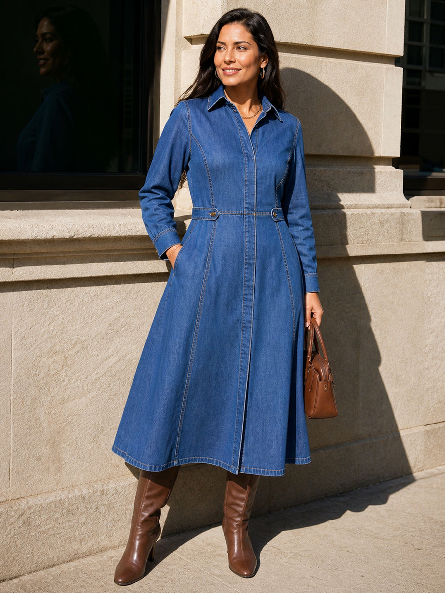 Robe mi-longue boutonnée à empiècements, à poches, à manches longues, taille haute, à col revers, couleur unie