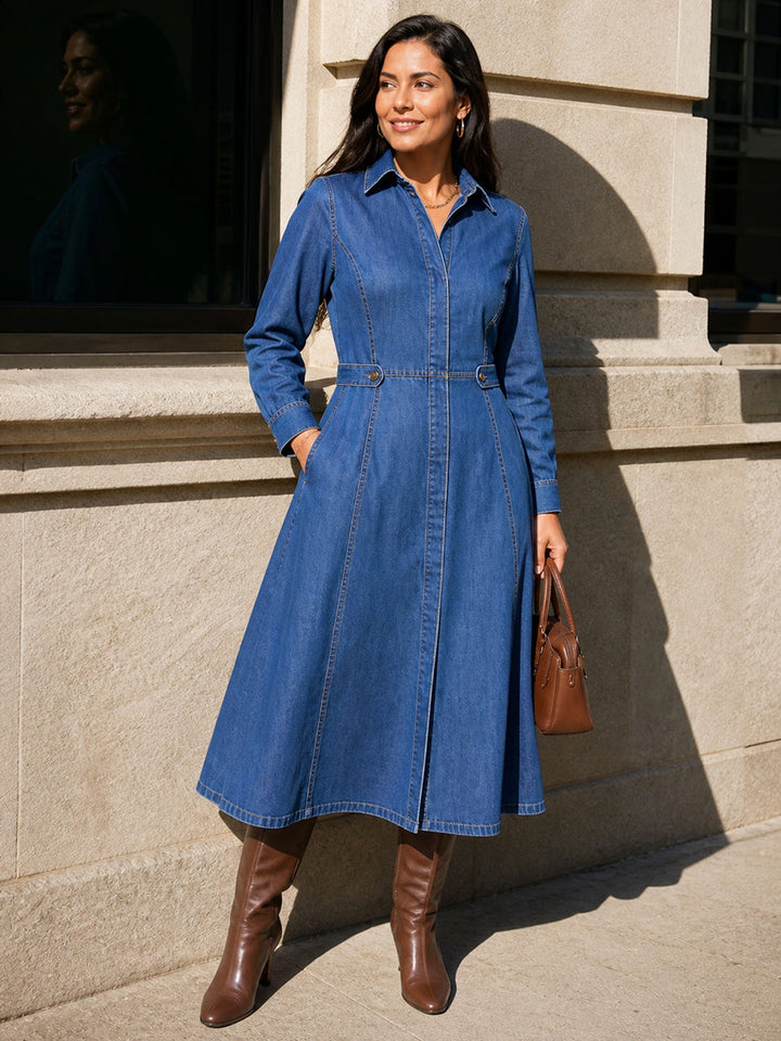 Robe mi-longue boutonnée à empiècements, à poches, à manches longues, taille haute, à col revers, couleur unie